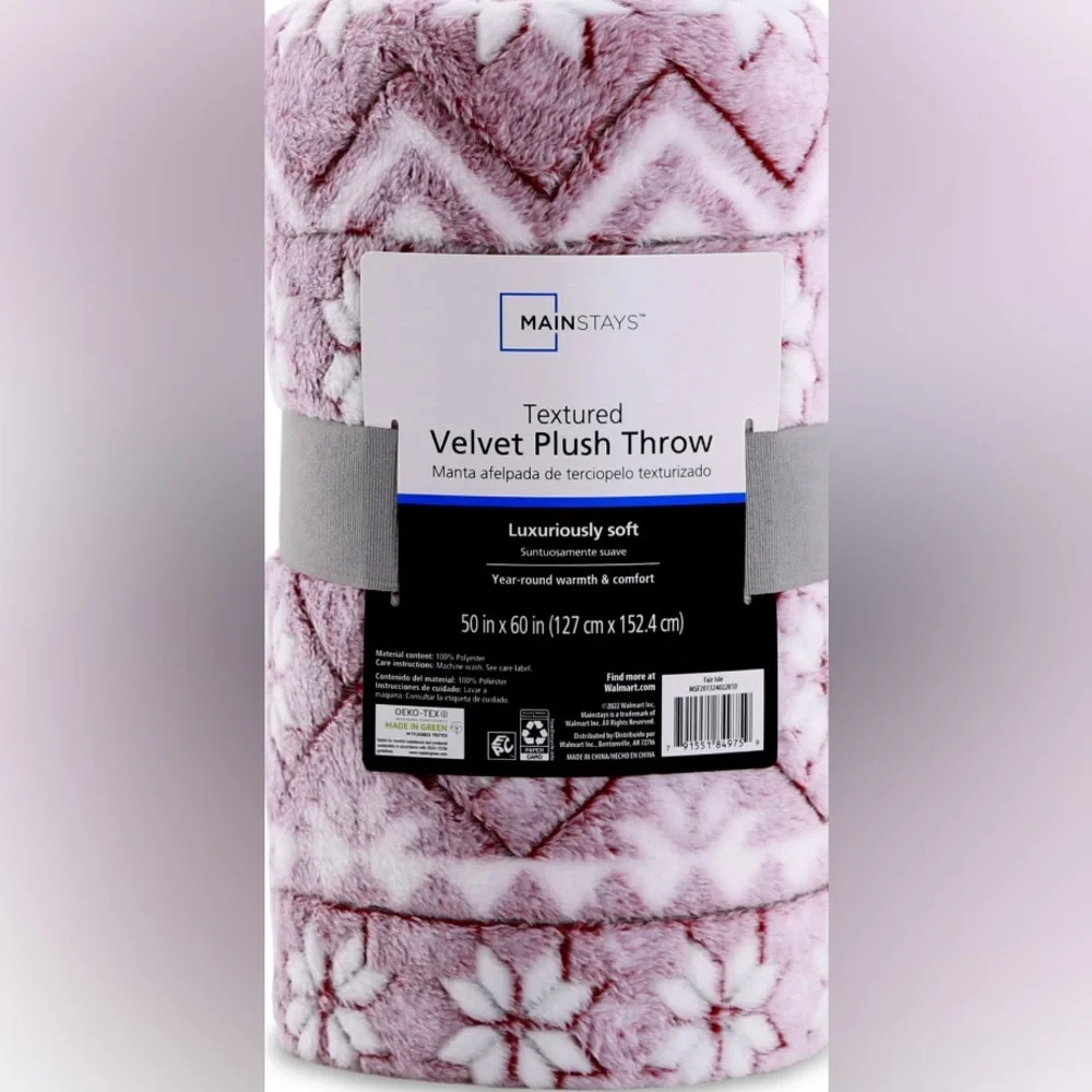 Mainstay Printed Textured Plush Throw 50” x 60” Fair Isle